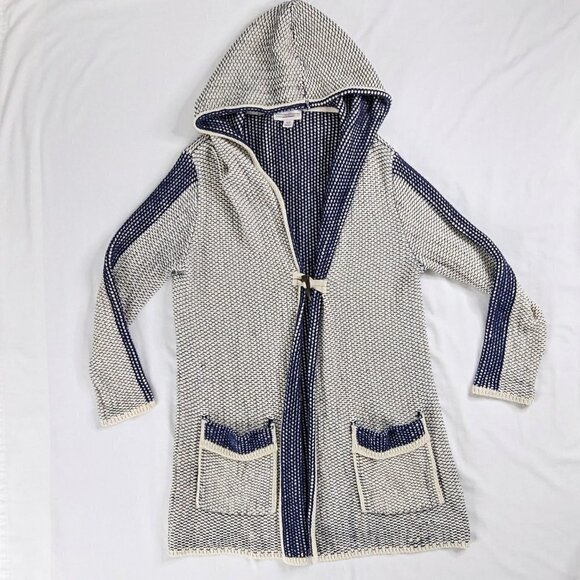 Cotton Country Parkhurst Longline Toggle Button Blue White Knit Hooded Cardigan - Picture 1 of 9